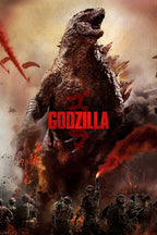 Godzilla wall art print features the roaring monster above soldiers, parachutes, smoke, flames, and bold red title text.