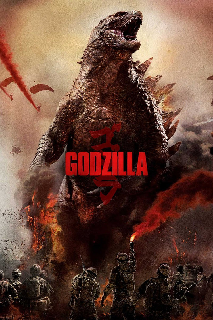 Godzilla wall art print features the roaring monster above soldiers, parachutes, smoke, flames, and bold red title text.
