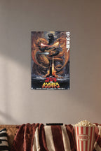 Godzilla - Godzilla vs King Ghidorah (1991) Movie in a cozy movie room above a brown sofa with popcorn.