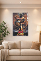 Godzilla - Godzilla vs King Ghidorah (1991) Movie in a bright living room above a beige sofa.