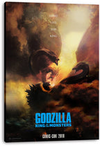 Godzilla canvas wall art print presents Godzilla and King Ghidorah confronting each other in glowing smoke, stretched over a deep edge.