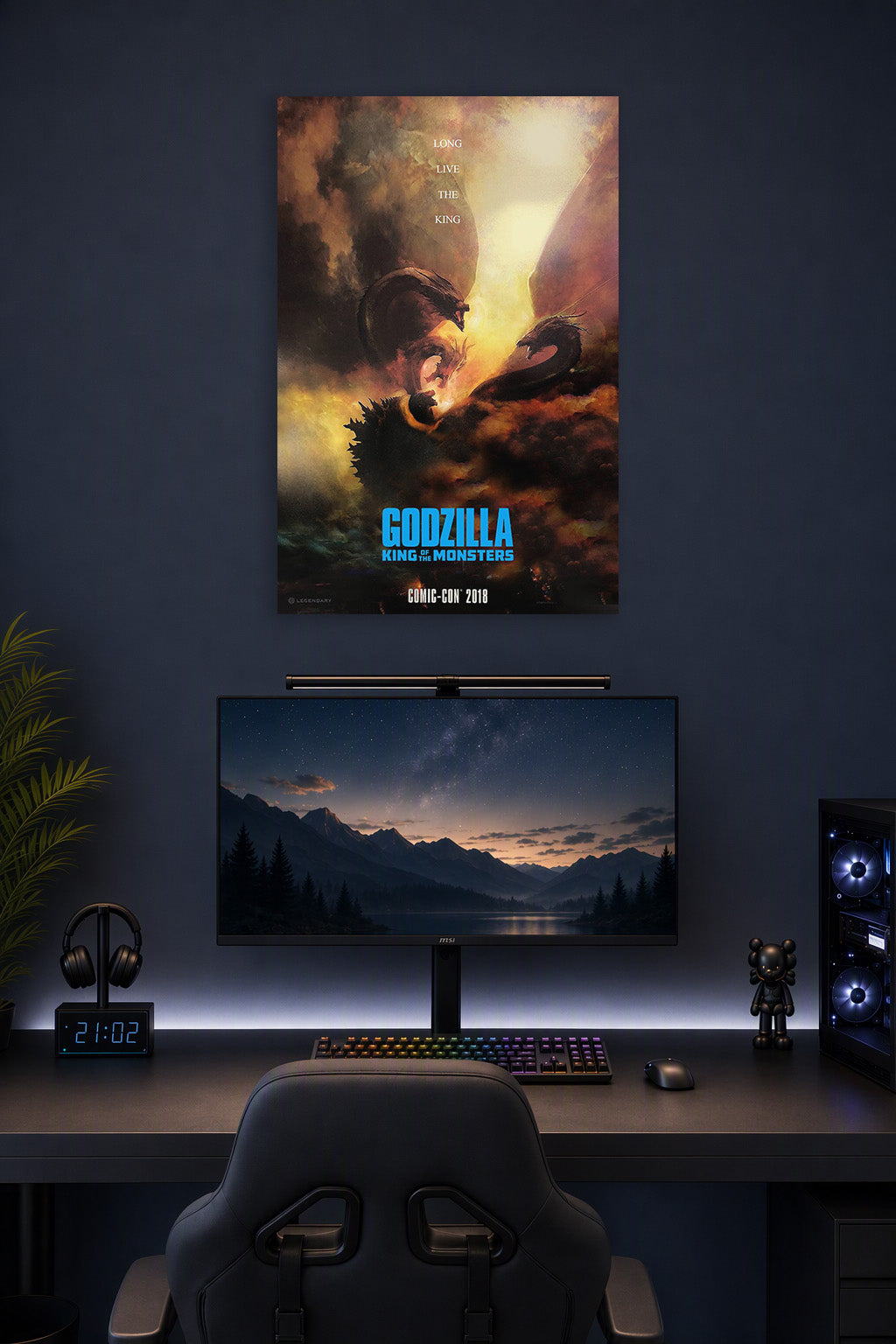 Godzilla King Ghidorah Battle in a gaming desk setup above a monitor.