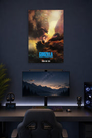 Godzilla King Ghidorah Battle in a gaming desk setup above a monitor.