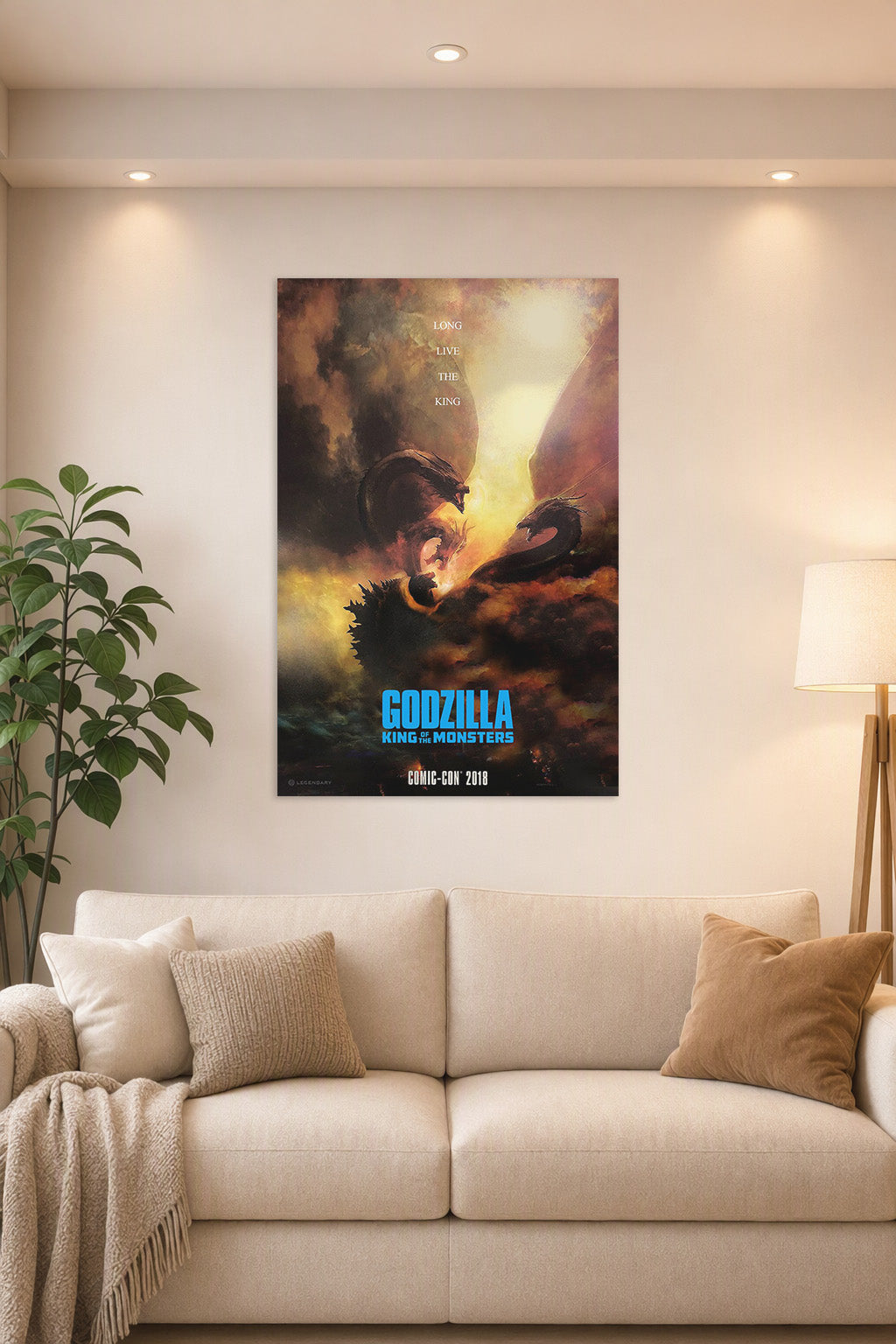Godzilla King Ghidorah Battle in a bright living room above a beige sofa.