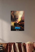 Godzilla King Ghidorah Battle in a cozy movie room above a brown sofa with popcorn.