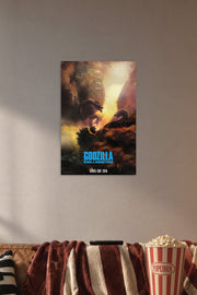 Godzilla King Ghidorah Battle in a cozy movie room above a brown sofa with popcorn.
