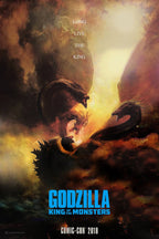 Godzilla wall art print depicts Godzilla facing three-headed King Ghidorah amid fiery orange smoke, with "Long Live the King" text.