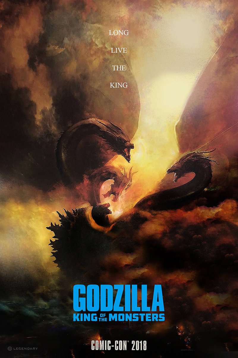 Godzilla wall art print depicts Godzilla facing three-headed King Ghidorah amid fiery orange smoke, with "Long Live the King" text.