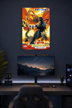 Godzilla King Ghidorah Mothra Battle in a gaming desk setup above a monitor.