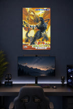 Godzilla King Ghidorah Mothra Movie Poster in a gaming desk setup above a monitor.