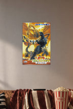 Godzilla King Ghidorah Mothra Movie Poster in a cozy movie room above a brown sofa with popcorn.