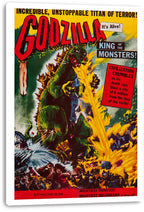 Godzilla wall art print on a white canvas depicts the green monster blasting a city with yellow rays, with vintage red and black lettering.