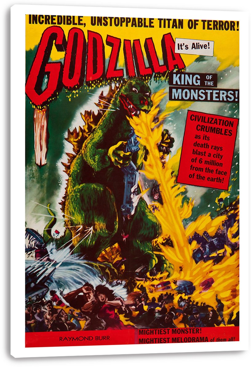 Godzilla wall art print on a white canvas depicts the green monster blasting a city with yellow rays, with vintage red and black lettering.