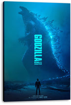 Godzilla canvas wall art print presents the blue King of the Monsters looming over a solitary person on a misty beach.