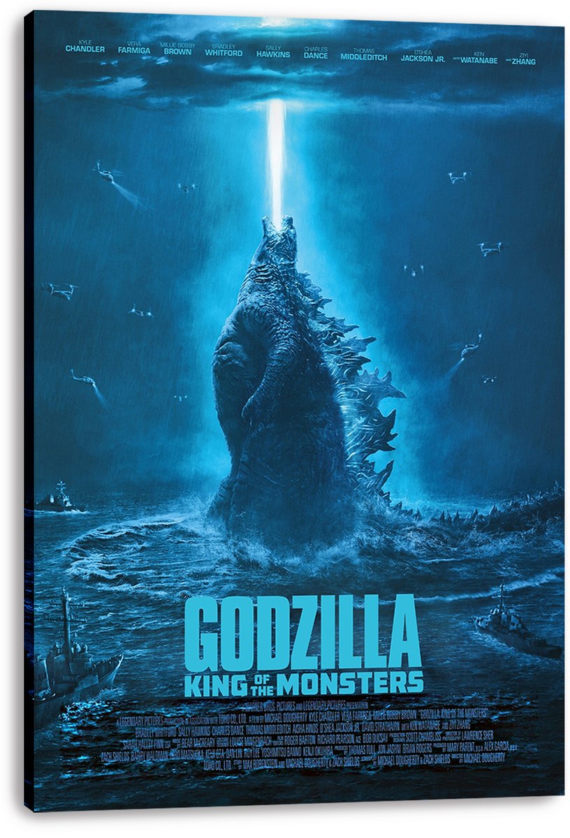 Godzilla King of the Monsters canvas wall art print features the sea monster amid crashing waves, aircraft, dark clouds, and a bright vertical beam.
