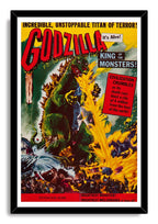 Godzilla framed wall art print presents a vintage monster poster, with yellow destruction rays, fleeing people, and a black border.