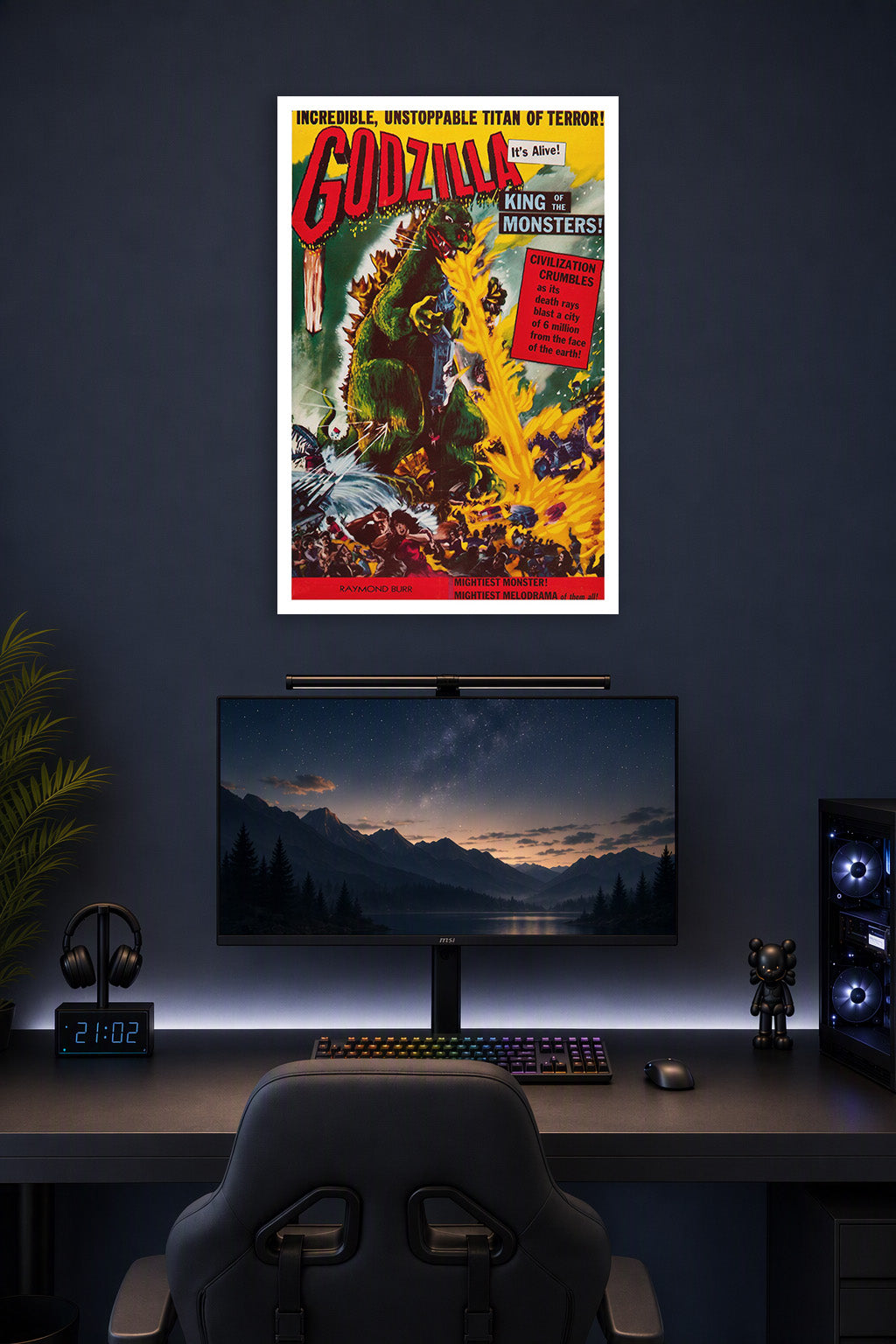 Godzilla King of the Monsters in a gaming desk setup above a monitor.