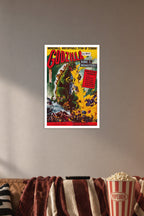 Godzilla King of the Monsters in a cozy movie room above a brown sofa with popcorn.