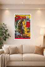 Godzilla King of the Monsters in a bright living room above a beige sofa.