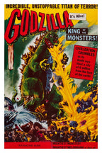 Godzilla poster features the green giant monster firing yellow death rays over a collapsing city and fleeing crowds beneath bold red title text.