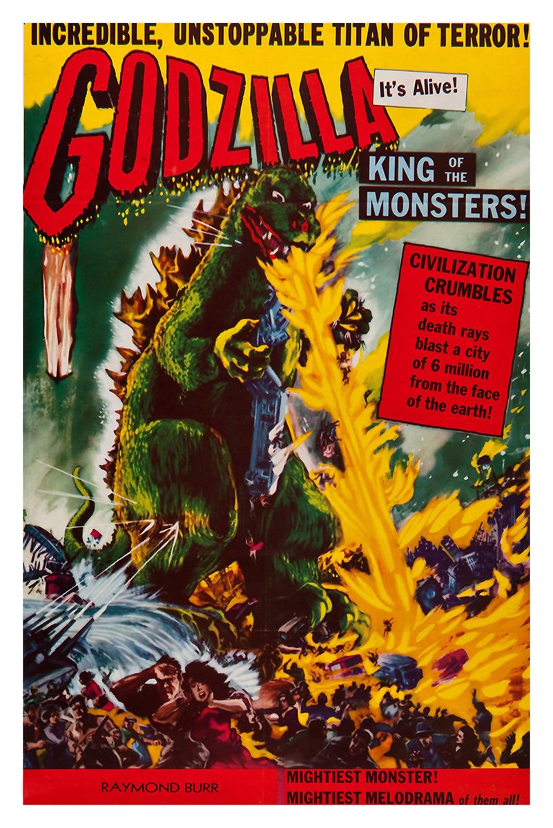 Godzilla poster features the green giant monster firing yellow death rays over a collapsing city and fleeing crowds beneath bold red title text.