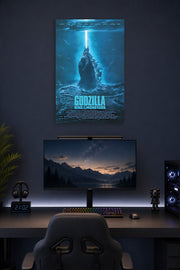Godzilla King of the Monsters in a gaming desk setup above a monitor.