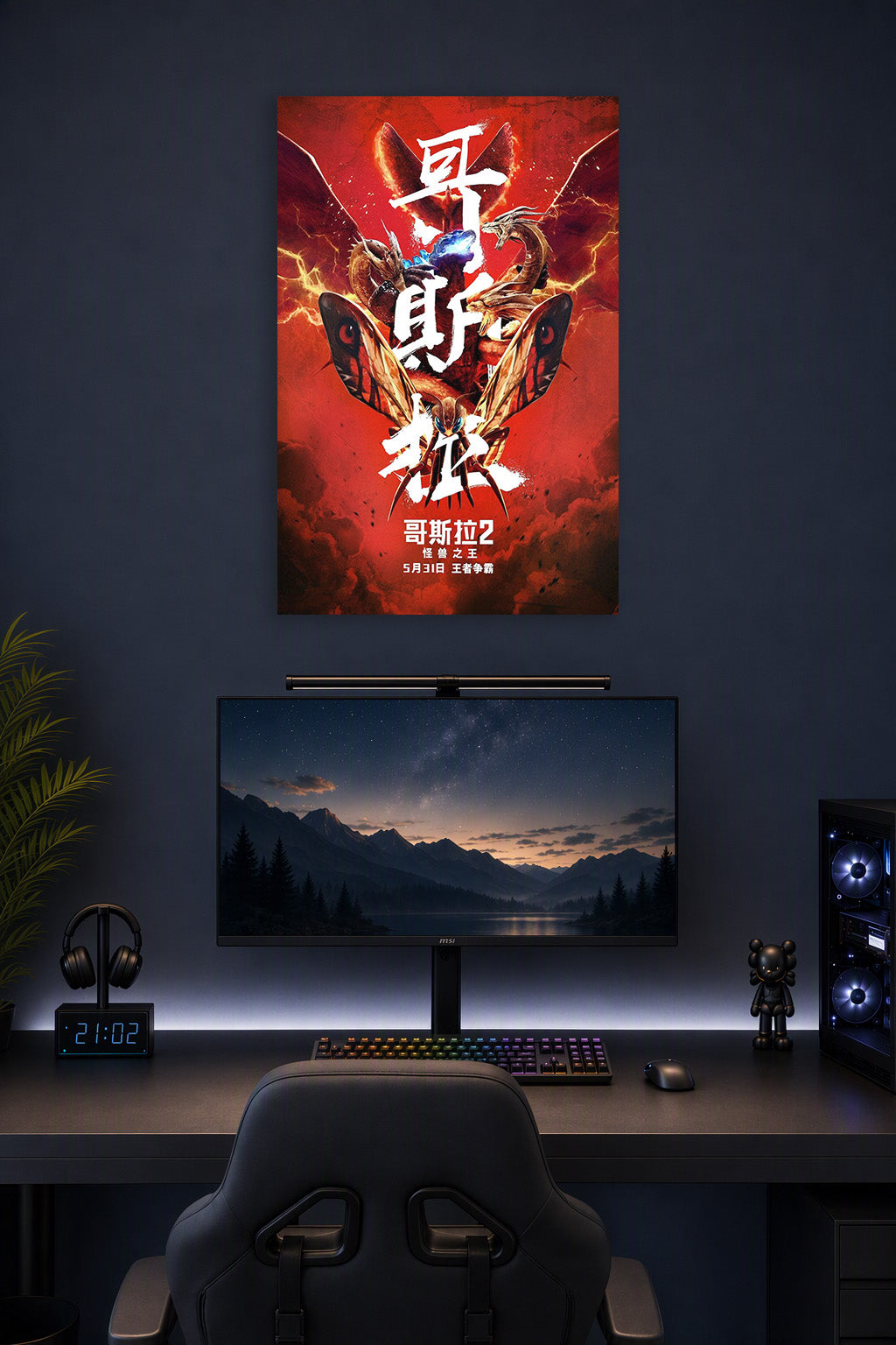 Godzilla: King of the Monsters in a gaming desk setup above a monitor.