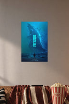 Godzilla: King of the Monsters in a cozy movie room above a brown sofa with popcorn.