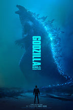 Godzilla poster features the towering blue kaiju with glowing dorsal plates above a lone figure on a dark shoreline.