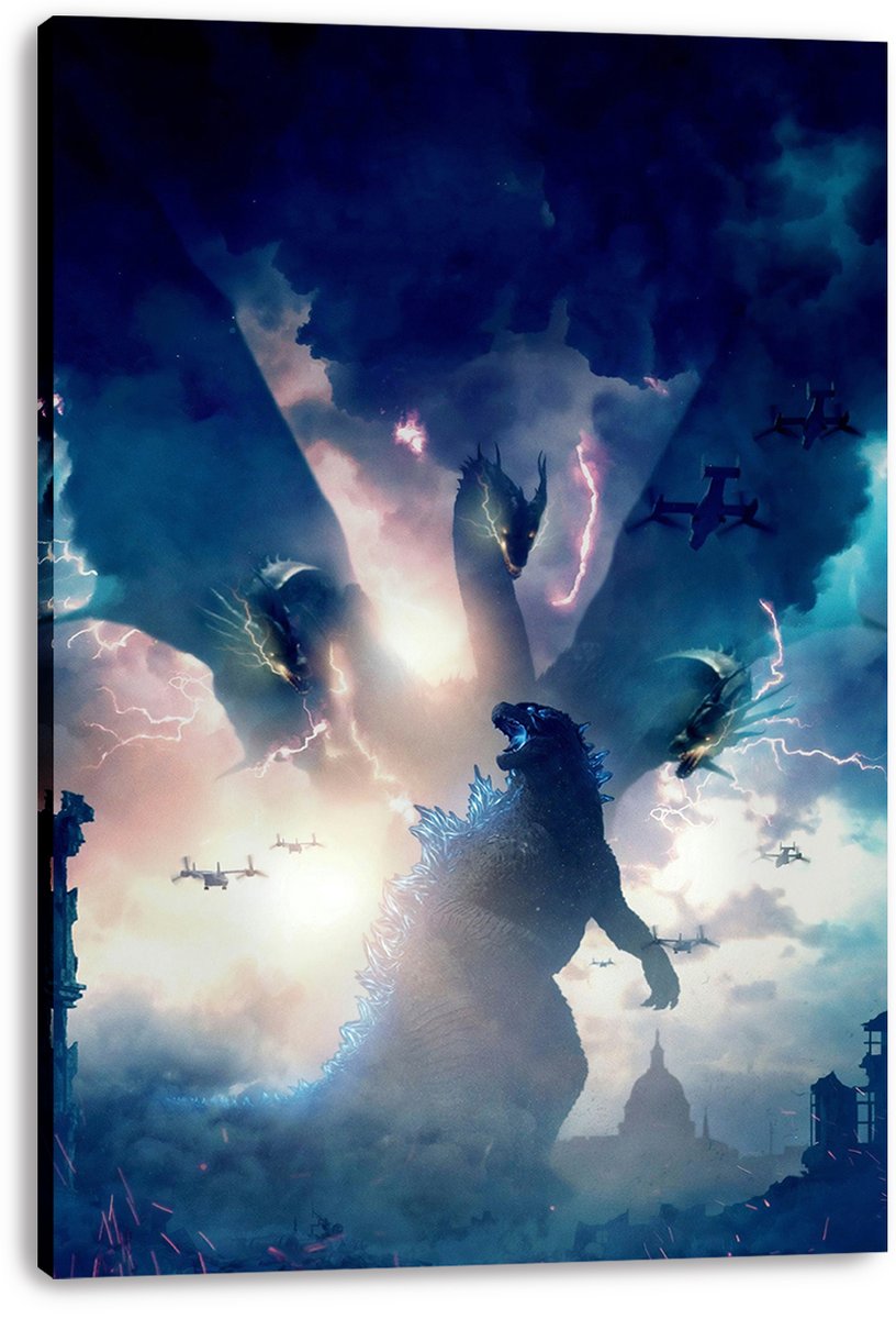 Godzilla canvas wall art depicts the roaring monster beneath King Ghidorah's three heads, with lightning, clouds, and aircraft overhead.