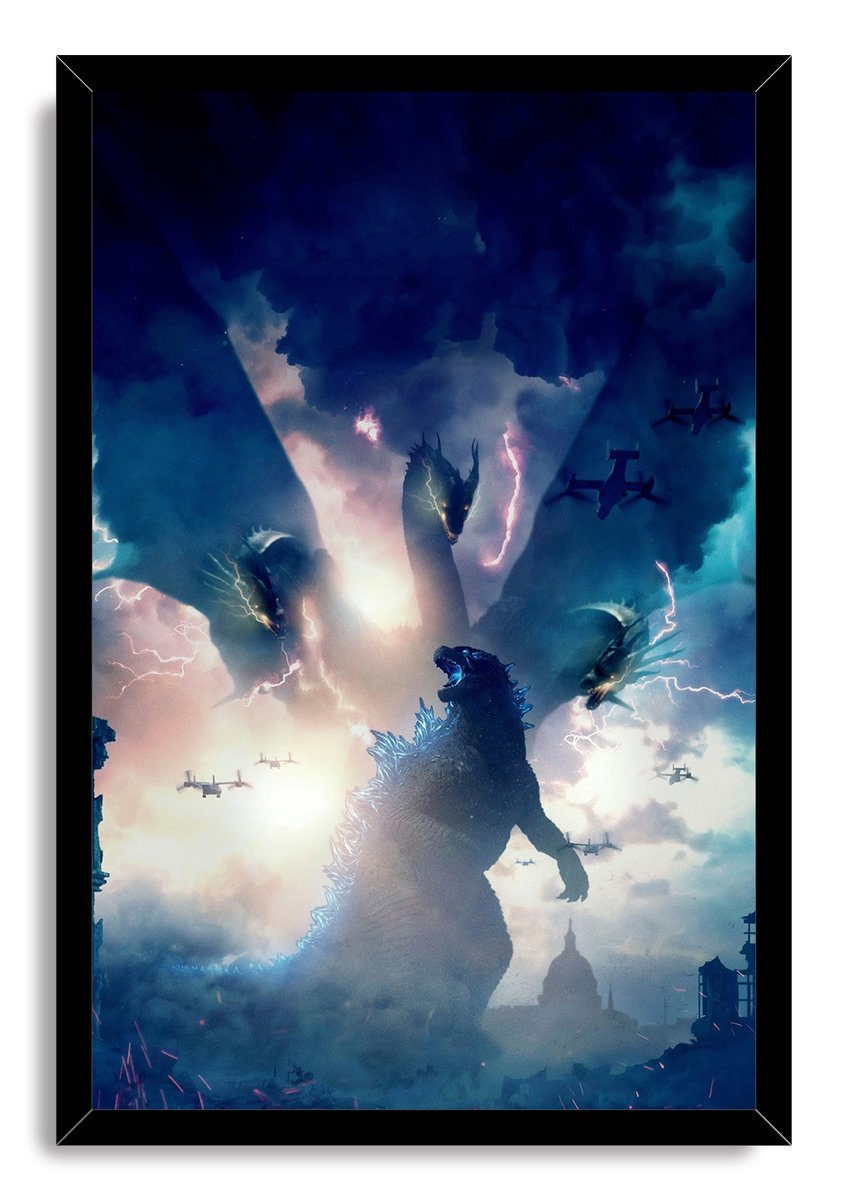 Godzilla framed wall art print features the kaiju facing three-headed King Ghidorah in a blue storm sky crossed by lightning and aircraft.
