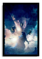 Godzilla framed wall art print features the kaiju facing three-headed King Ghidorah in a blue storm sky crossed by lightning and aircraft.