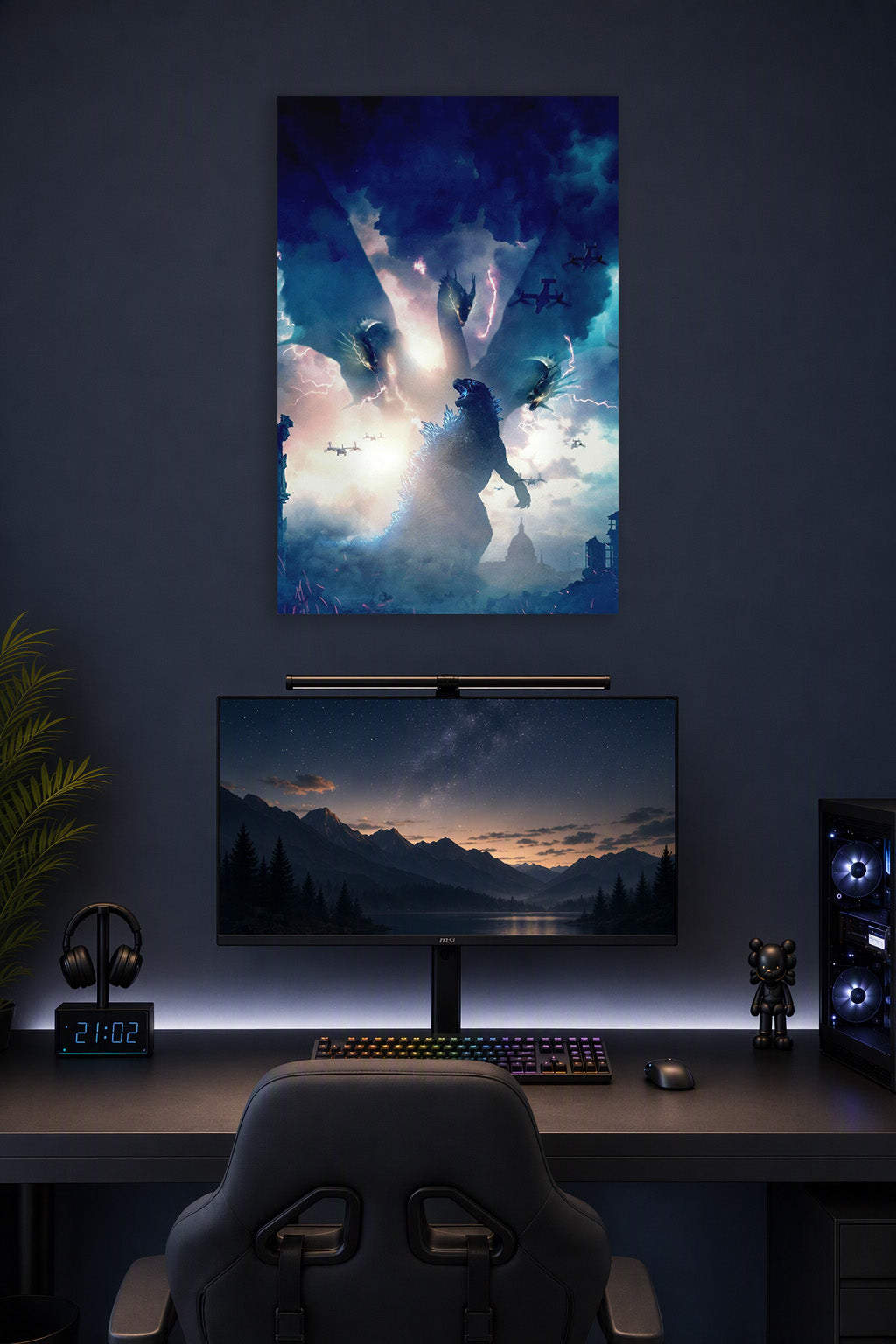Godzilla King of the Monsters Epic Battle in a gaming desk setup above a monitor.