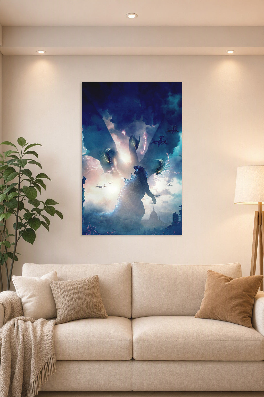 Godzilla King of the Monsters Epic Battle in a bright living room above a beige sofa.