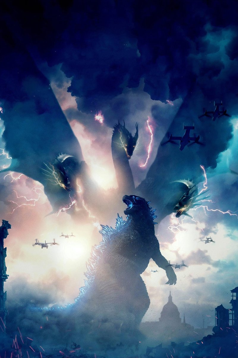 Godzilla wall art print depicts the roaring kaiju confronting three-headed King Ghidorah amid lightning, storm clouds, and aircraft.