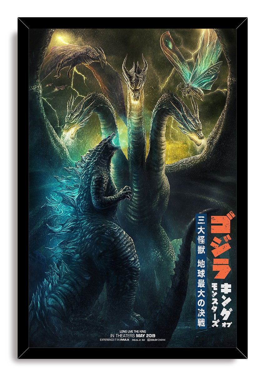Godzilla framed wall art print features the titan battling three-headed King Ghidorah in a dark lightning-filled scene with a black border.