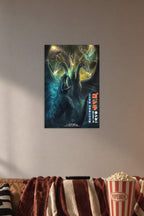 Godzilla King of the Monsters Kaiju Battle in a cozy movie room above a brown sofa with popcorn.