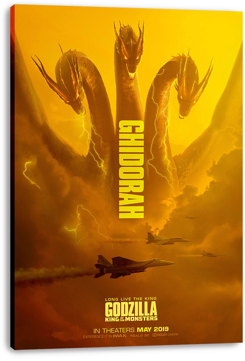 King Ghidorah wall art print on stretched canvas depicts three dragon heads, lightning, storm clouds, and fighter jets in gold tones.