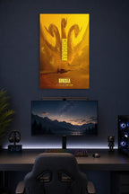 Godzilla King of the Monsters King Ghidorah Movie Poster in a gaming desk setup above a monitor.