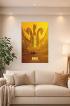 Godzilla King of the Monsters King Ghidorah Movie Poster in a bright living room above a beige sofa.
