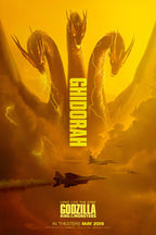 King Ghidorah movie poster depicts the three-headed dragon amid yellow lightning clouds and fighter jets, with vertical title text.