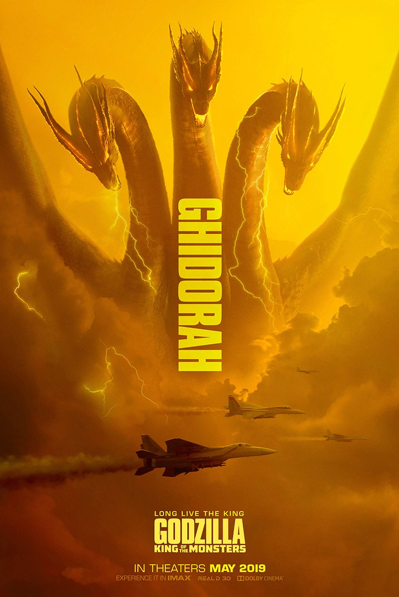 King Ghidorah movie poster depicts the three-headed dragon amid yellow lightning clouds and fighter jets, with vertical title text.