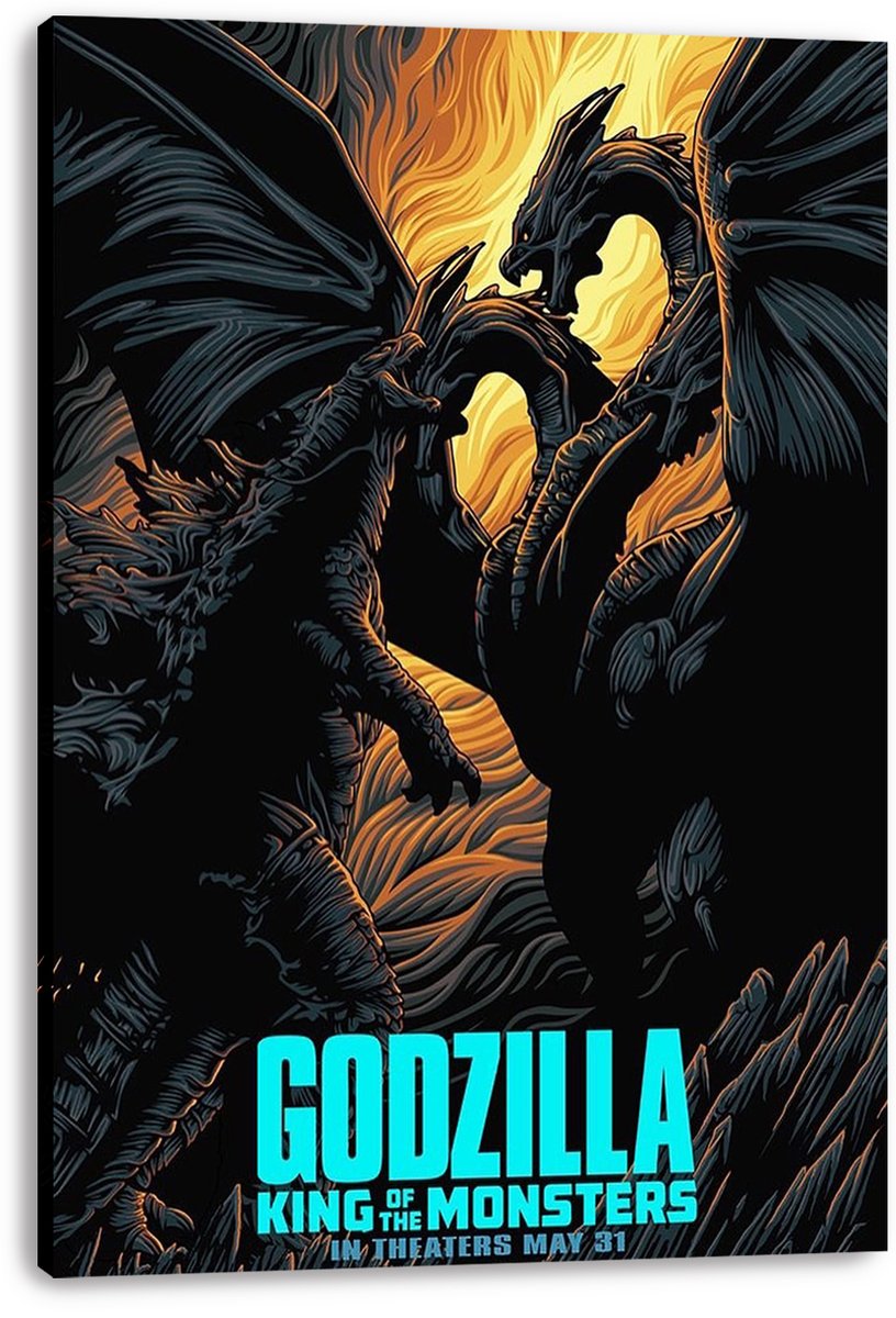 Godzilla canvas wall art print presents Godzilla confronting three-headed King Ghidorah in a dark, fiery gold scene with bold turquoise lettering.