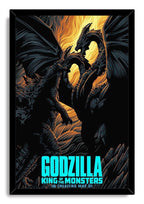 Godzilla framed wall art print features a black frame around Godzilla and three-headed King Ghidorah silhouetted against swirling orange-gold flames.