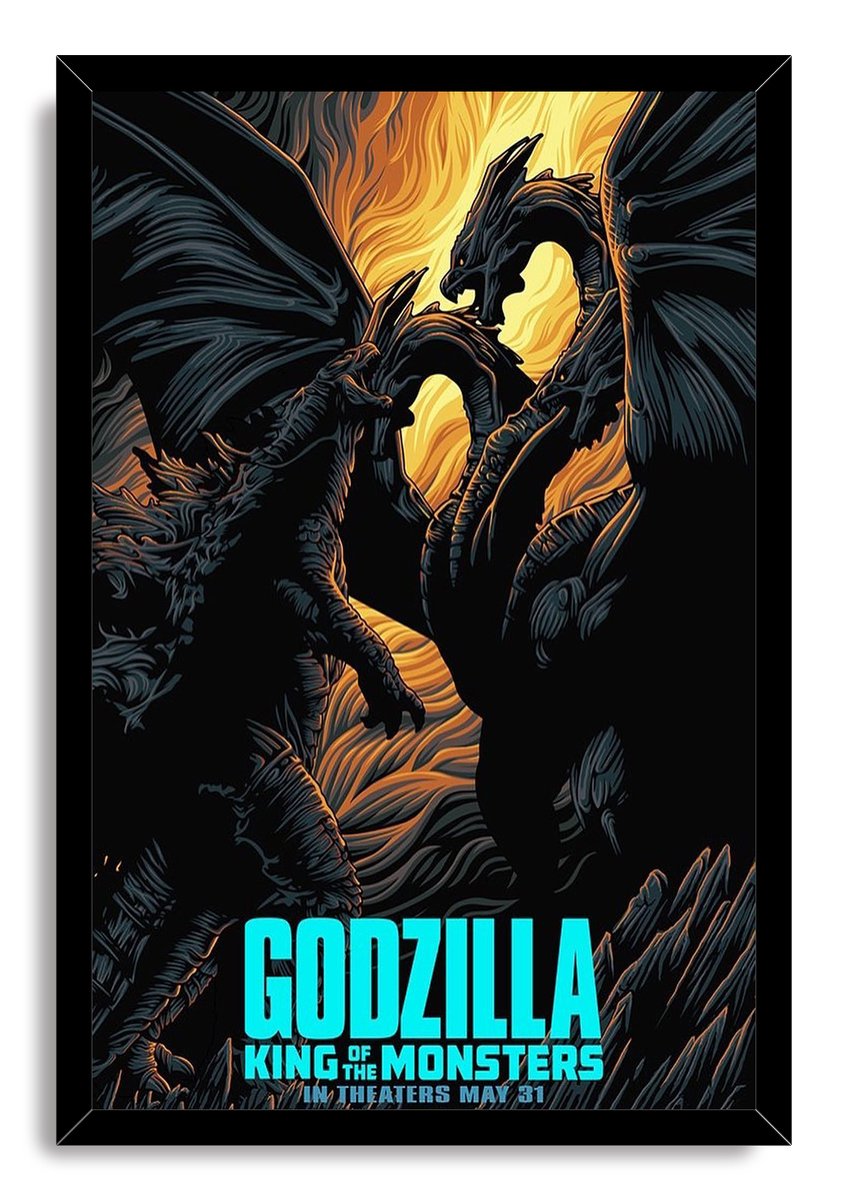 Godzilla framed wall art print features a black frame around Godzilla and three-headed King Ghidorah silhouetted against swirling orange-gold flames.