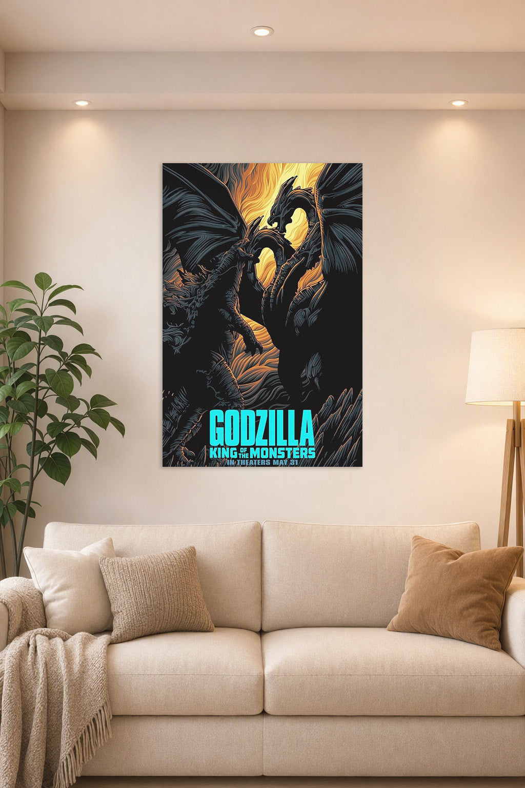 Godzilla King of the Monsters vs. King Ghidorah in a bright living room above a beige sofa.