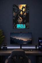 Godzilla King of the Monsters vs. King Ghidorah in a gaming desk setup above a monitor.