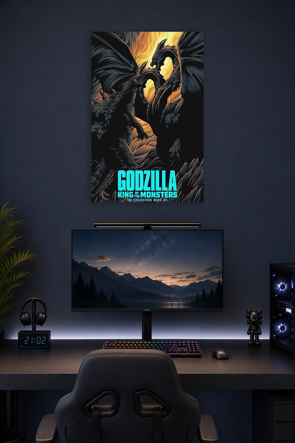 Godzilla King of the Monsters vs. King Ghidorah in a gaming desk setup above a monitor.
