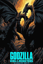 Godzilla poster depicts Godzilla facing three-headed King Ghidorah amid black wings and swirling gold-orange fire, with turquoise title text.