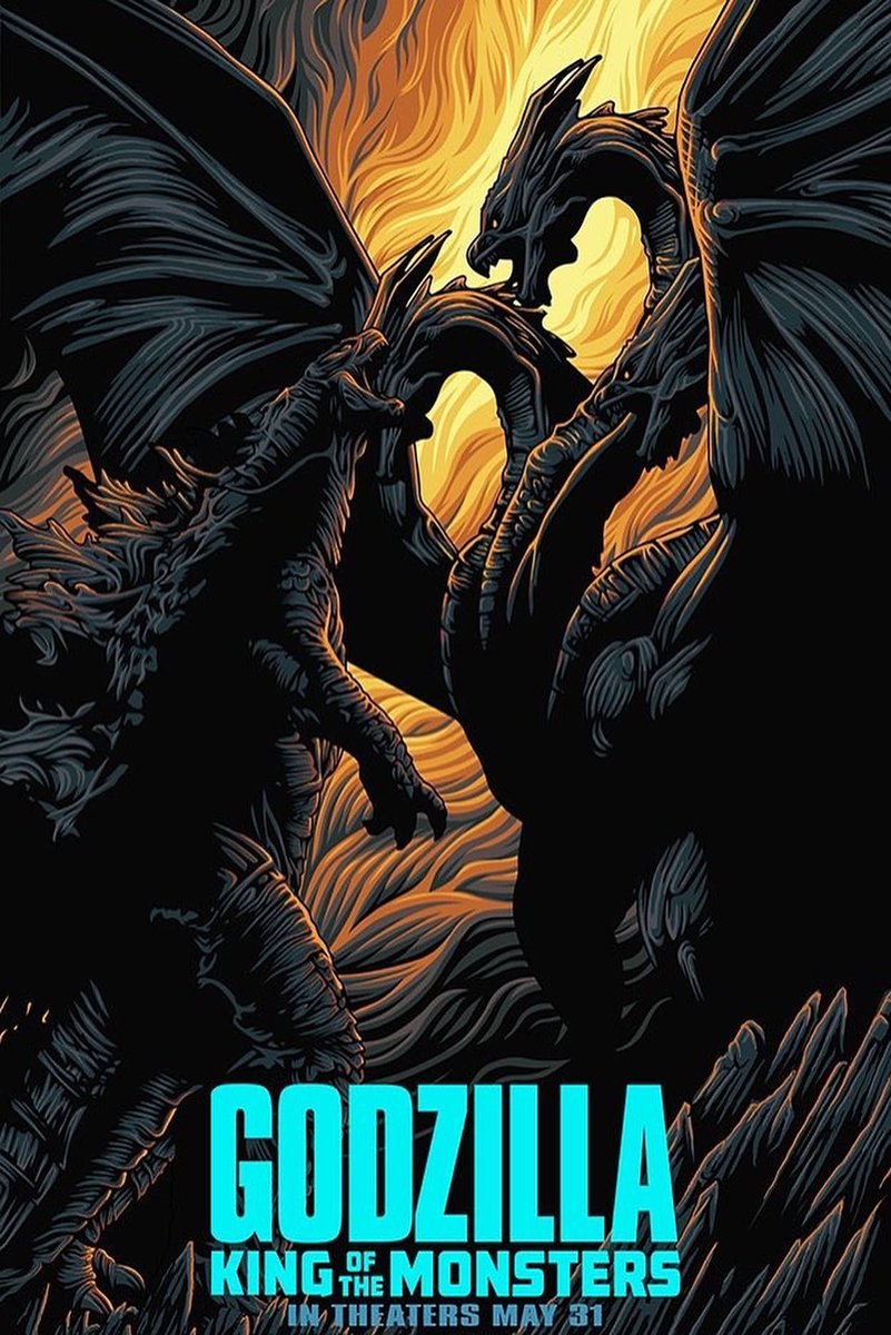 Godzilla poster depicts Godzilla facing three-headed King Ghidorah amid black wings and swirling gold-orange fire, with turquoise title text.